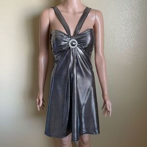 Y2K Silver Metallic Halter Prom Dress 2000 Retro Futuristic Club Spacecore Vegas